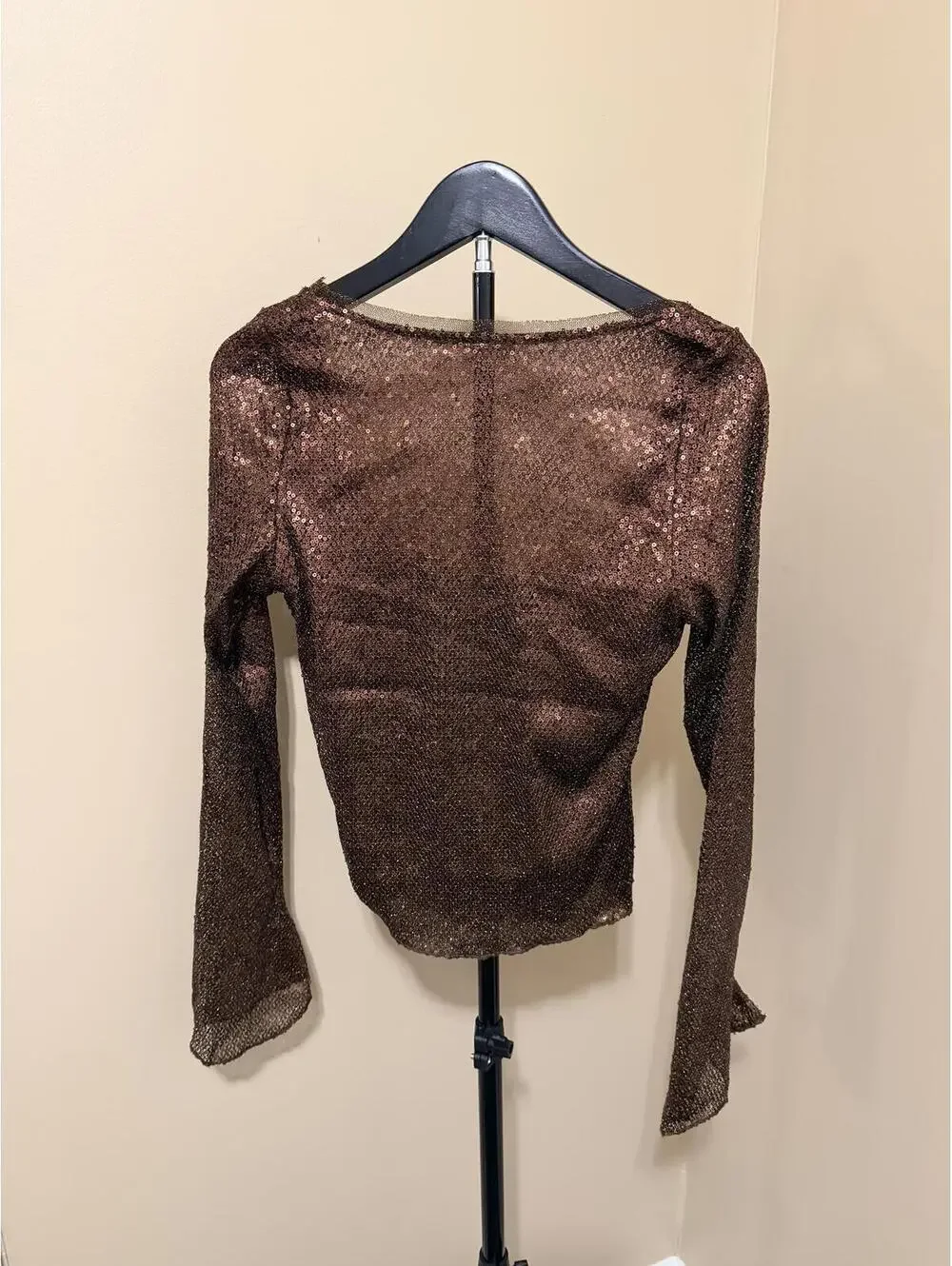 Free People Intimately Brown Metallic Sheer Knit Top Bell Sleeve Y2K Boho
